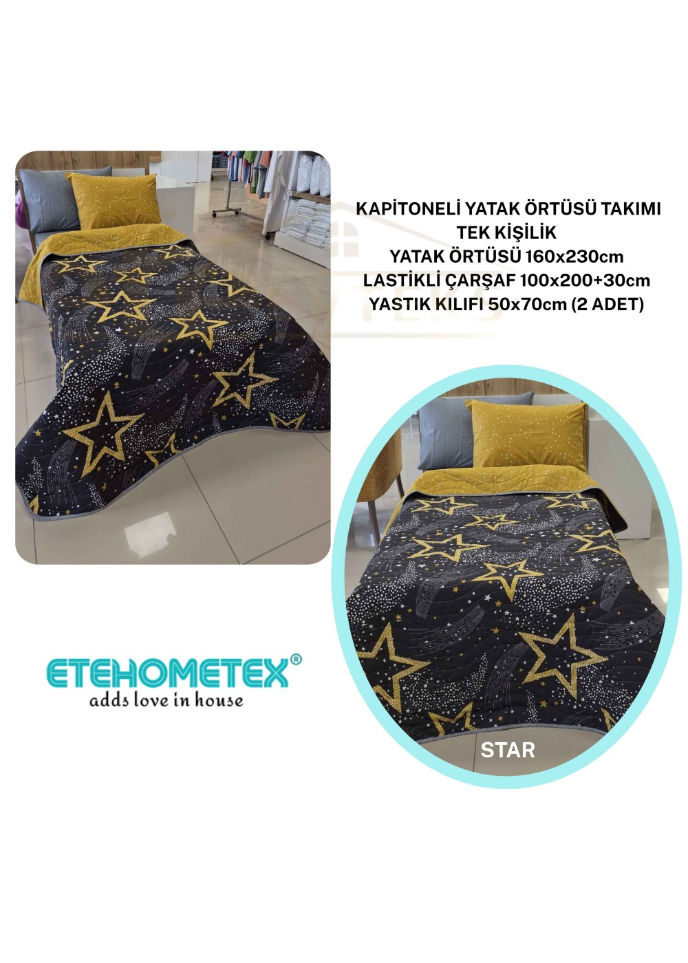ETEHOMETEX Pamuklu Kapitoneli Yatak Örtüsü TAKIMI TEK KİŞİLİK STAR 8696474232120